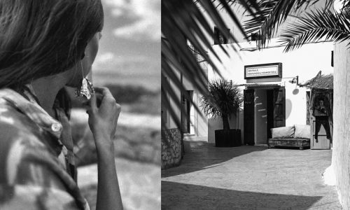 A double picture with the founder Celie on the left side, with the right side showing the flagship store in formentera